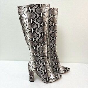 WetKiss PU Faux Snakeskin Pointed Toe Chunky Heel Side Zip Knee High Boot 9.5